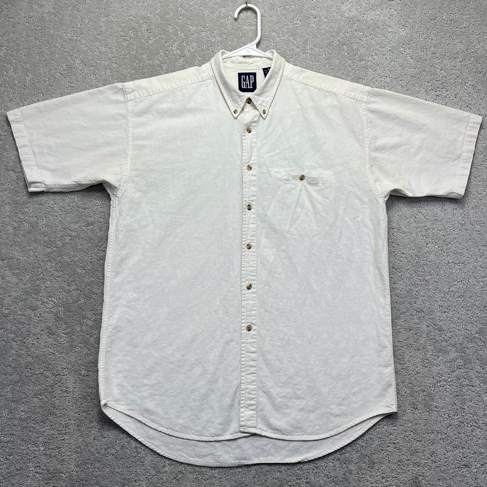 VINTAGE Gap Shirt Mens M White Linen Cotton Camp Short Sleeve Button Down 90s